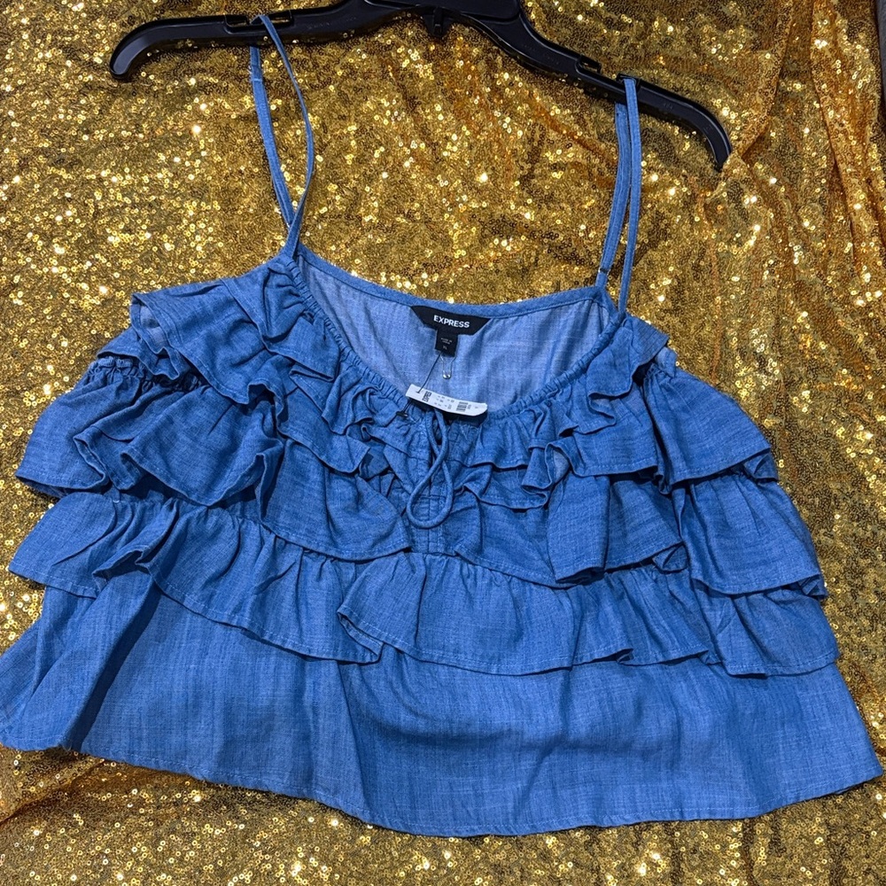 Express Denim Blue Ruffle Crop Top